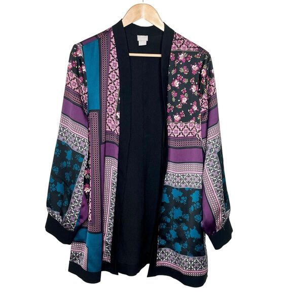 Chicos Patchwork Print Kimono Topper Jacket Womens 12/14 2 Large Purple - Picture 1 of 10